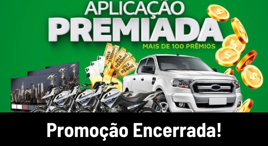 Banner da promoção aplicação premiada do CrediSIS com a imagem dos prêmios: um carro, tvs, motos e vale-compras
