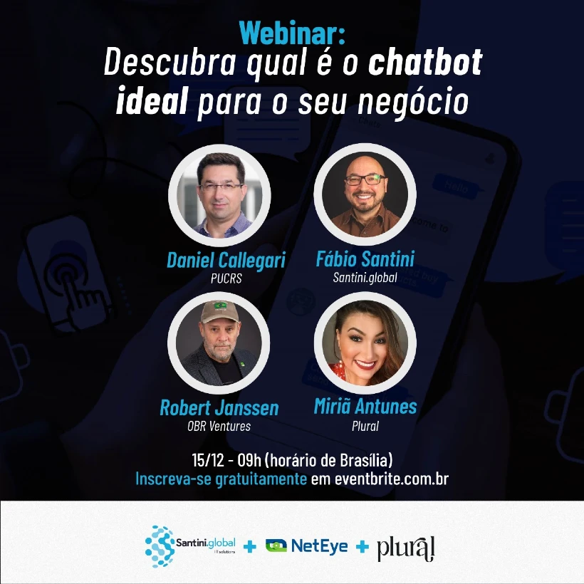 Card de divulgação do Webinar "Descubra qual o chatbot ideal para o seu negócio" no dia 15/12 às 9h (Brasília) com a foto dos palestrantes