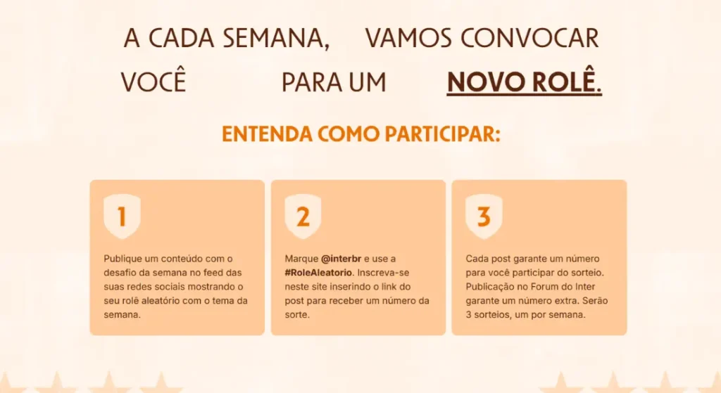 Imagem explicativa da promoção Rolê Aleatório do Banco Inter, mostrando as etapas para participar dos sorteios de vales-viagem por meio de desafios semanais nas redes sociais.