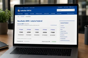 Tela de notebook com a apuração de um sorteio realizado pela Loteria Federal