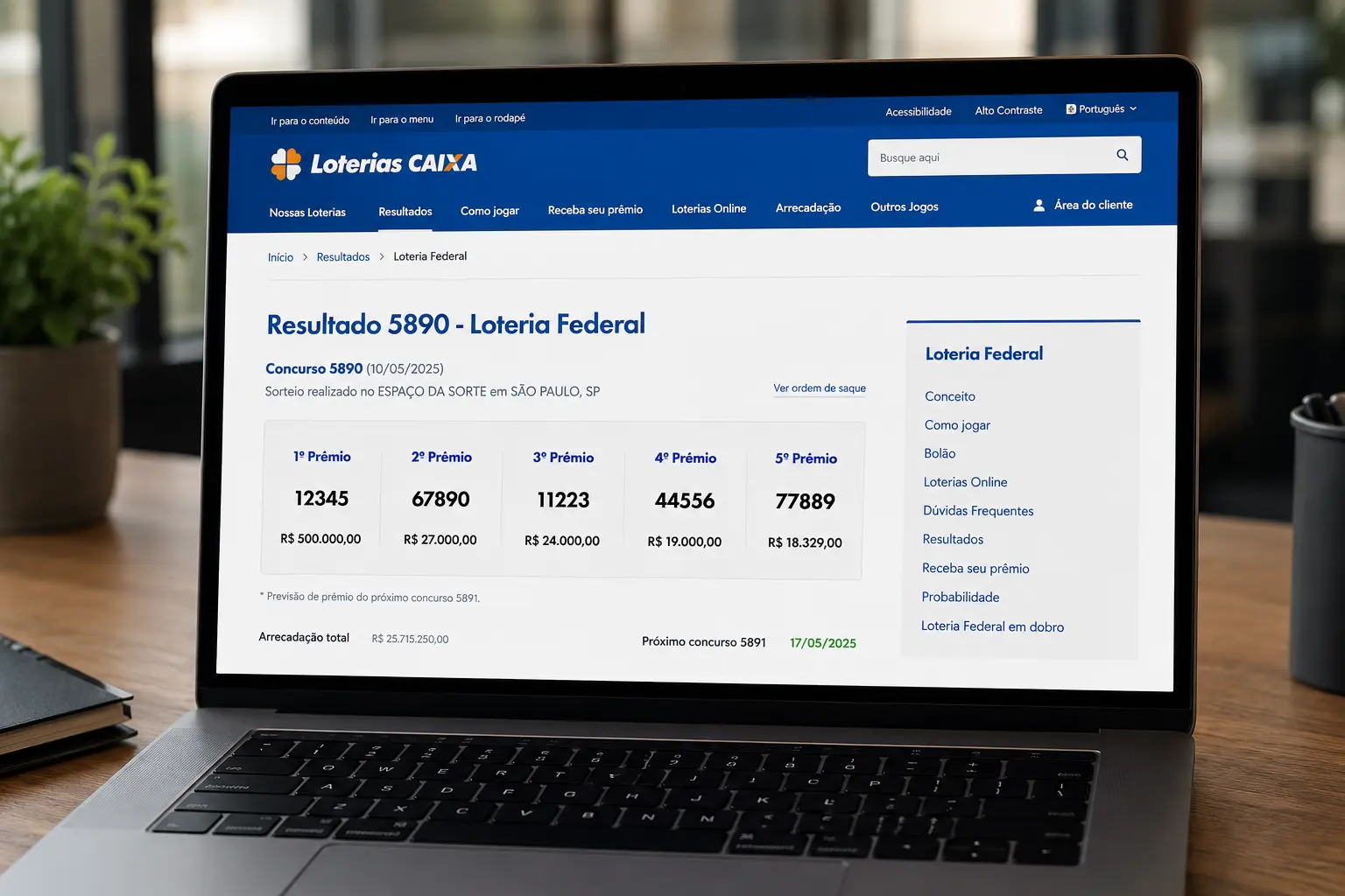 Tela de notebook com a apuração de um sorteio realizado pela Loteria Federal