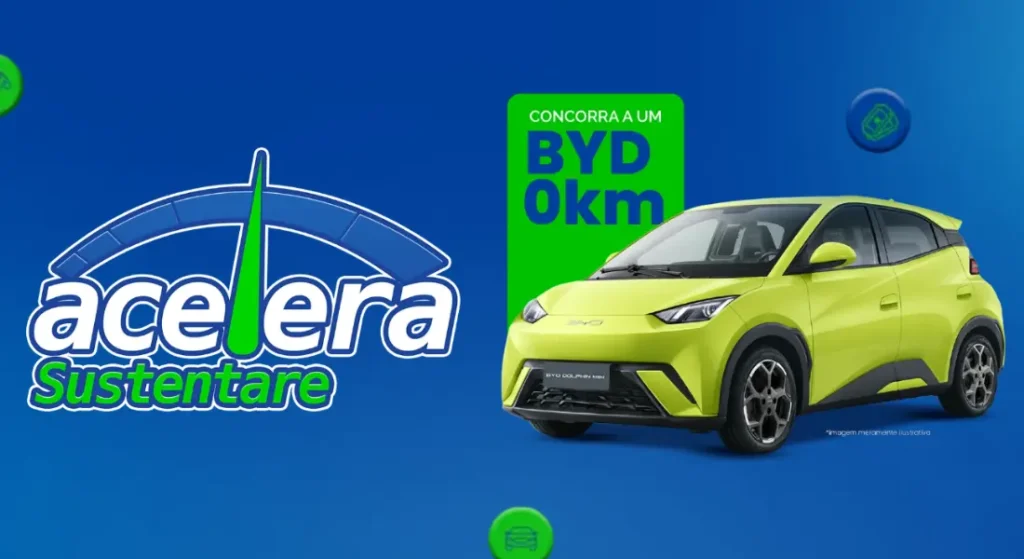 Promoção Acelera Sustentare oferece um BYD 0 km como prêmio, com imagem ilustrativa de carro elétrico sobre fundo azul